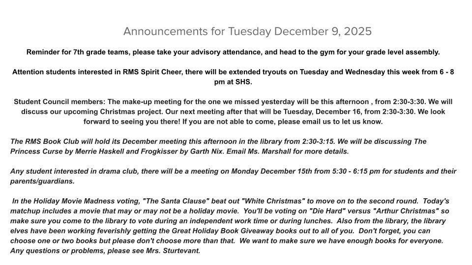 Announcements for December 9, 2025