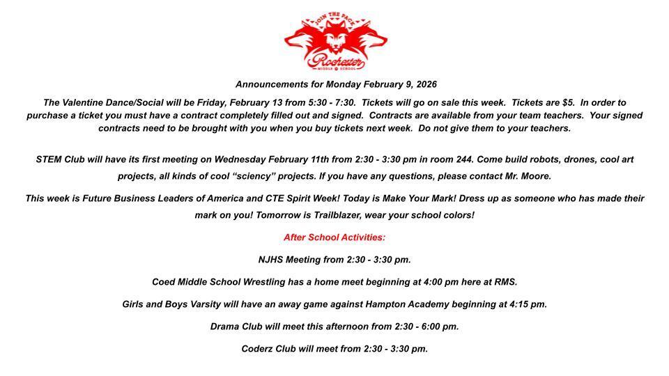 Announcements for Monday February 9, 2026.