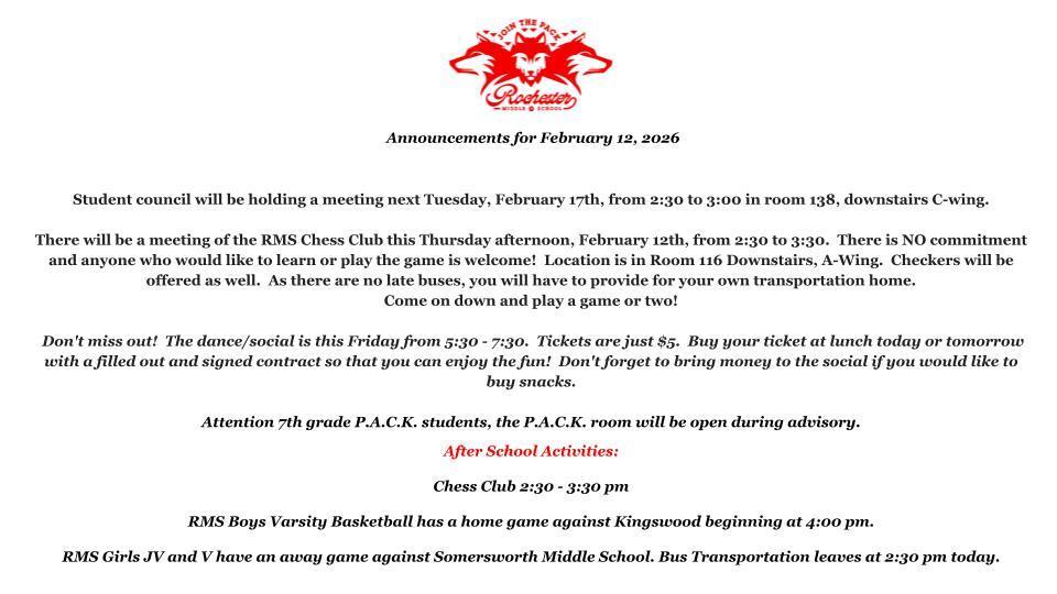 Announcements for February 12, 2026