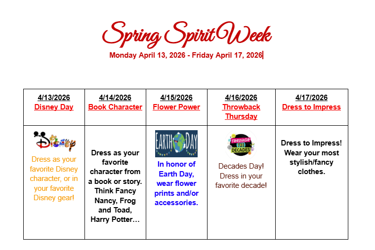 April 2026 Spirit Week!
