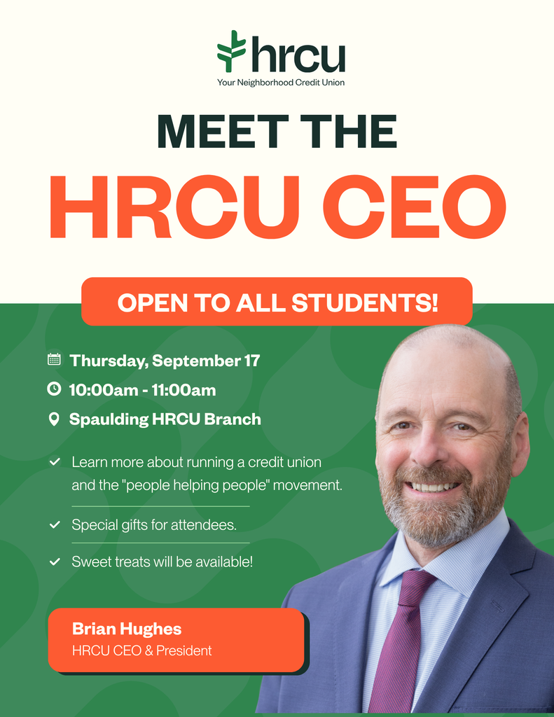 Green poster with white text reads "Meet the HRCU CEO" with a smiling man. The date and time are September 17, 10:00am-11:00am, at Spaulding HRCU Branch.