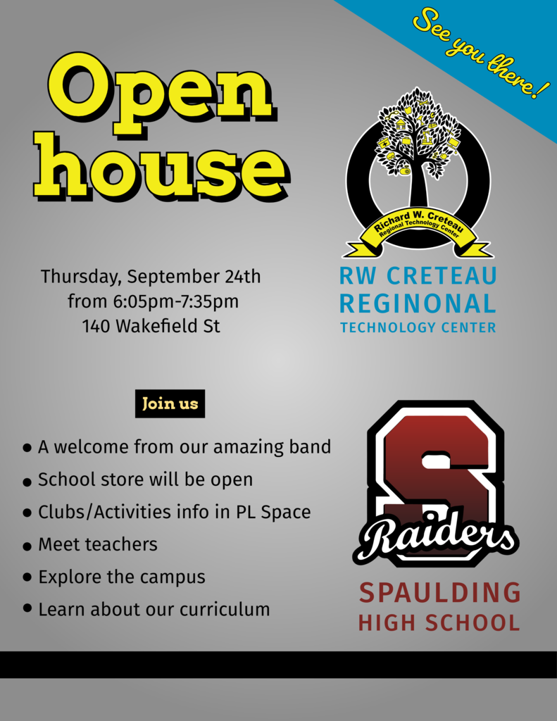 Open house poster for Spaulding High School. Event details include a date, time, and location. Visuals include the school logo and mascot.