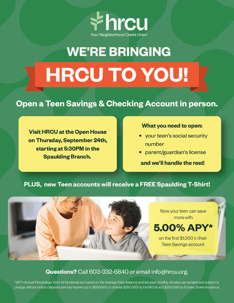 Poster with green background and text "HRCU TO YOU!" depicts an adult and child, and details for opening a teen savings account.