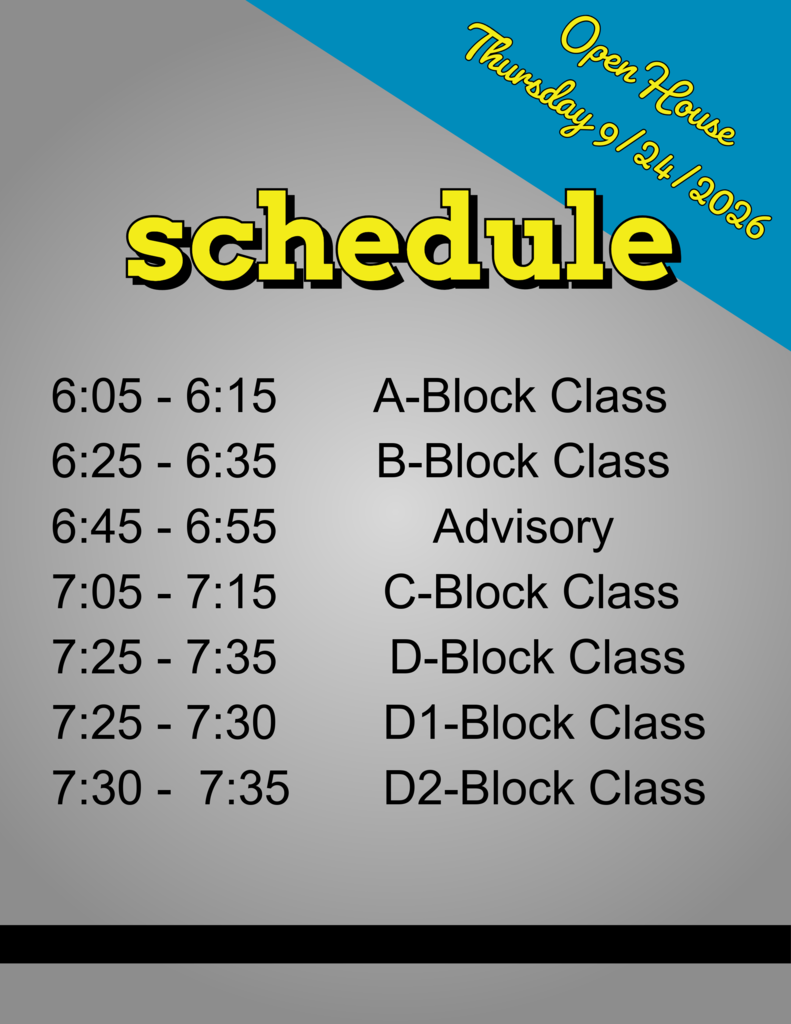 A schedule in yellow on a gray and blue background. Classes are listed from 6:05 to 7:35.