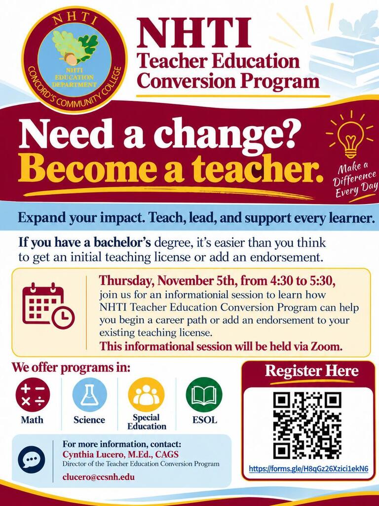 NHTI Teacher Education Conversion Program flyer.