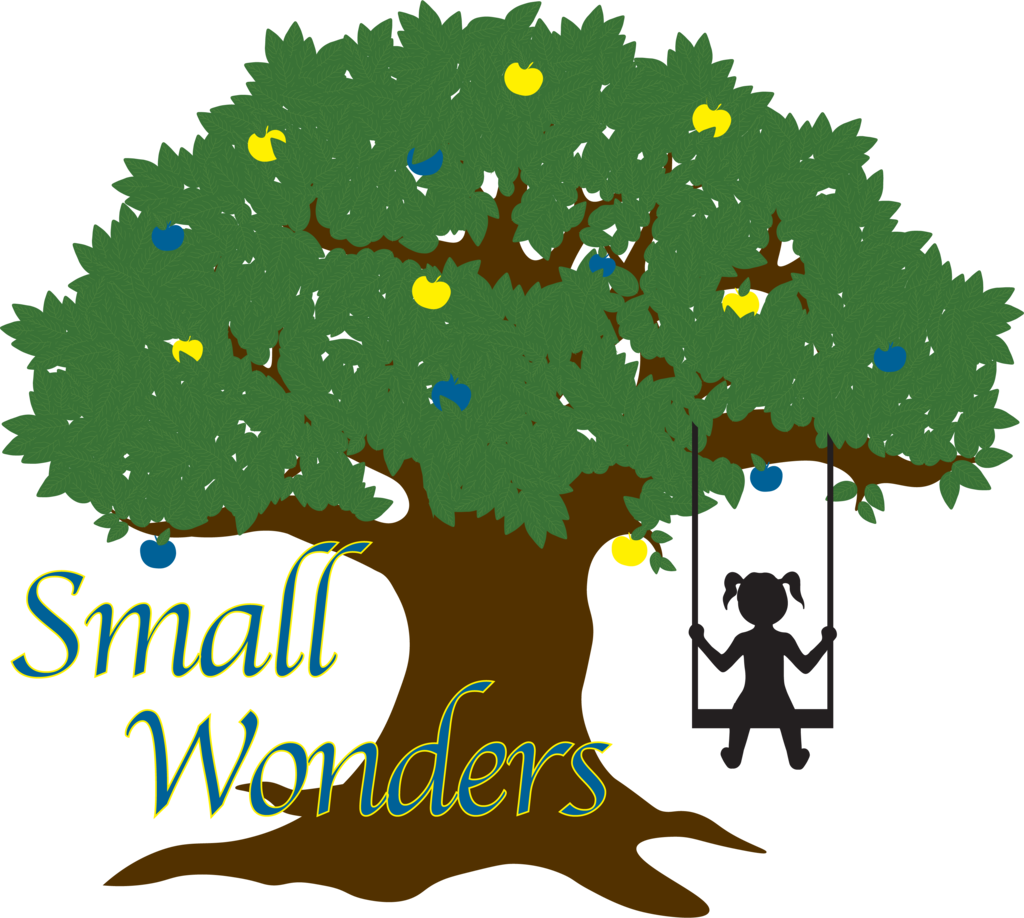 Illustration of a tree with blue and yellow fruits, a swing, and text "Small Wonders" on a black background.