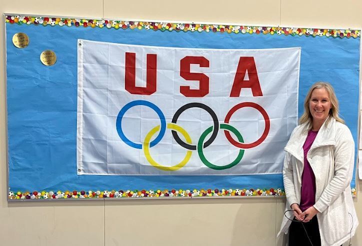 Mrs. Franger Winter Olympics flag and medal display.