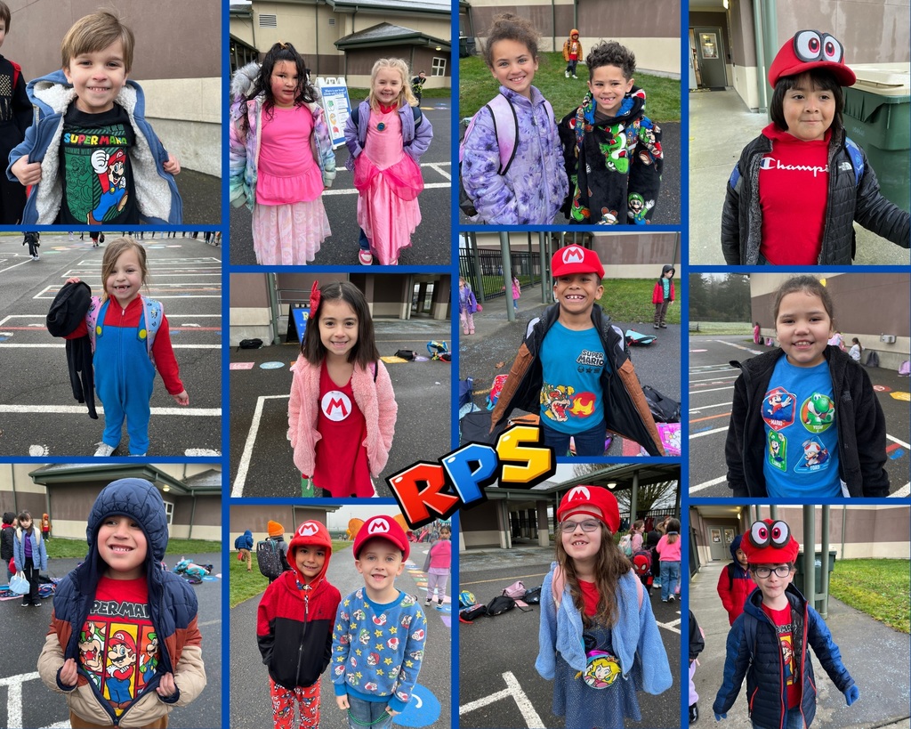 A collage of children in school uniforms, hats, and backpacks outside a building. Some wear themed costumes.