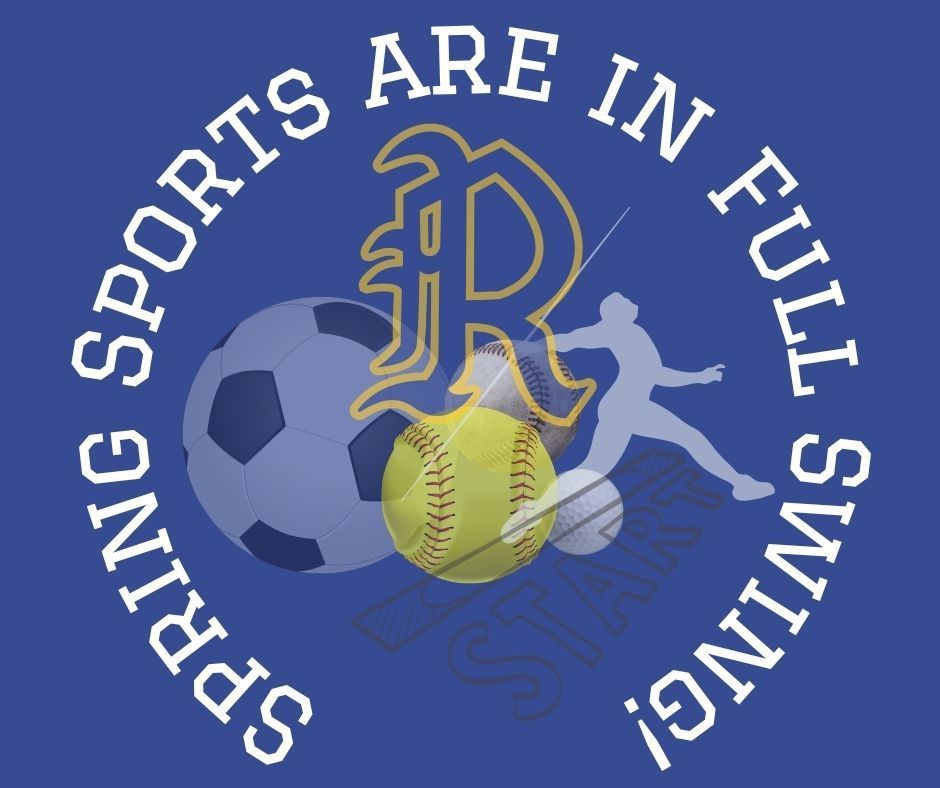 Sports logo on blue background. "Spring Sports Are in Full Swing" in white text. Symbols of soccer ball, softball, and a runner.
