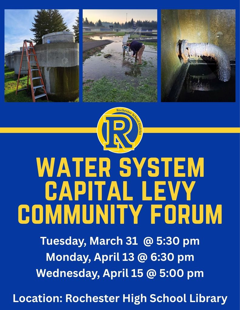 A poster announces three Water System Capital Levy Community Forum dates. Visuals include a ladder, a person, and pipes.