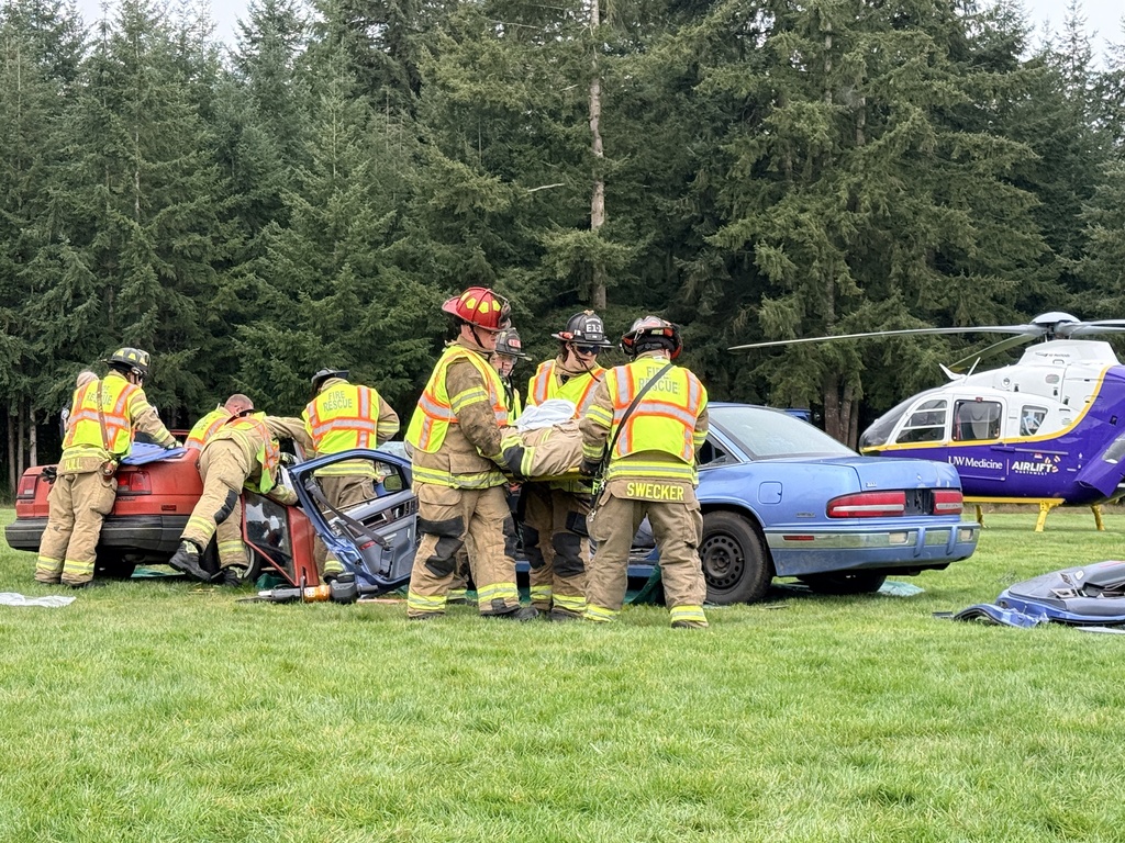 A group of firefighters are tending to an injured person near a damaged blue car on grass.
