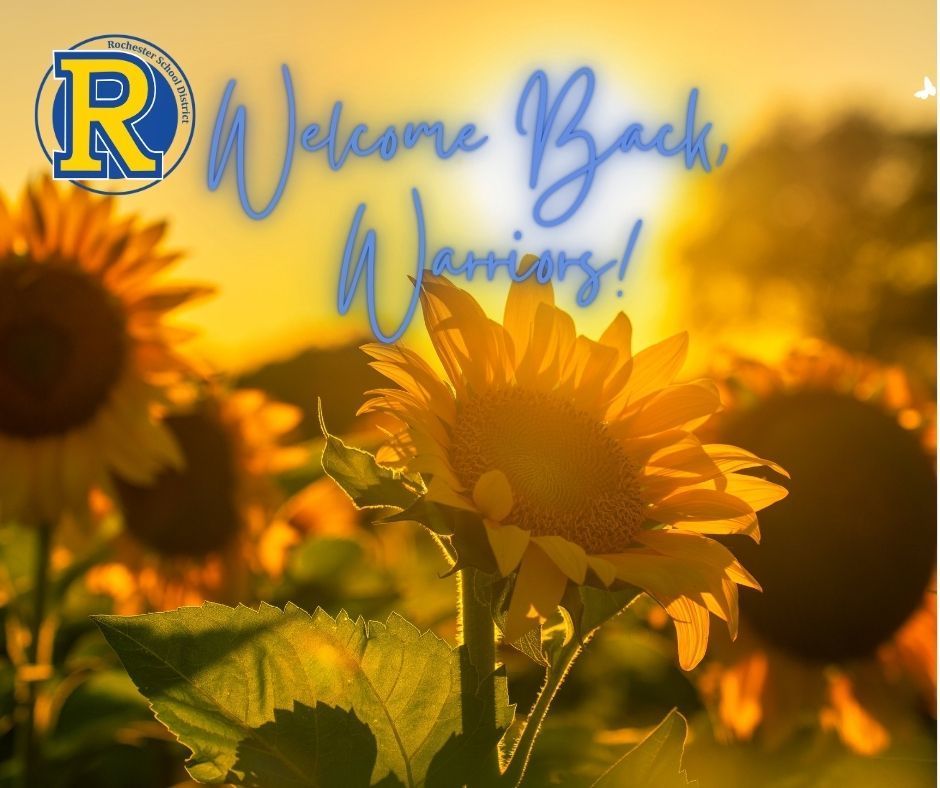 Sunflowers in a field at sunset with the text "Welcome Back, Warriors!" in front of a logo.