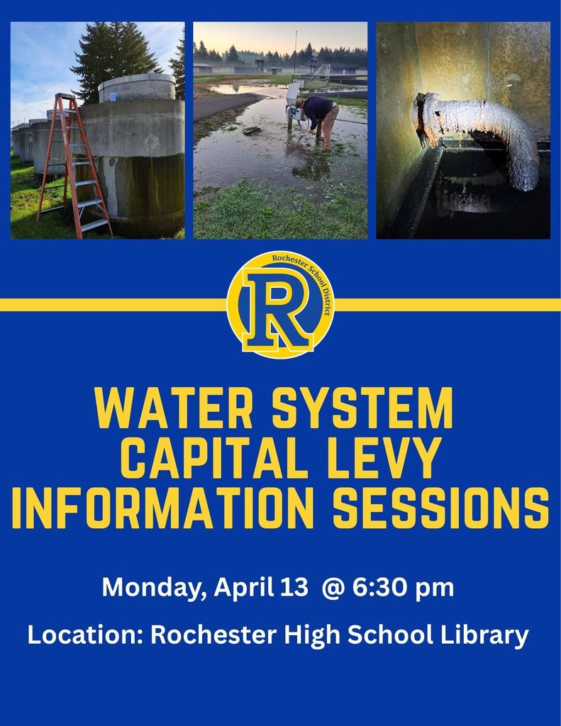 Flyer shows three images: water tank, water body with algae, and a pipe. Text reads "WATER SYSTEM CAPITAL LEVY INFORMATION SESSIONS".