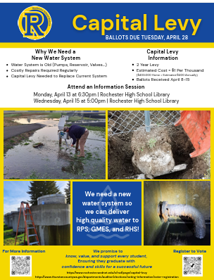A flyer with yellow and blue borders contains text and images of workers. The text mentions a new water system, capital levy, and dates for information sessions.