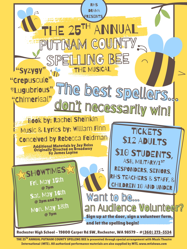 A flyer for the 25th Annual Putnam County Spelling Bee Musical. It features bees, showtimes, and ticket prices.