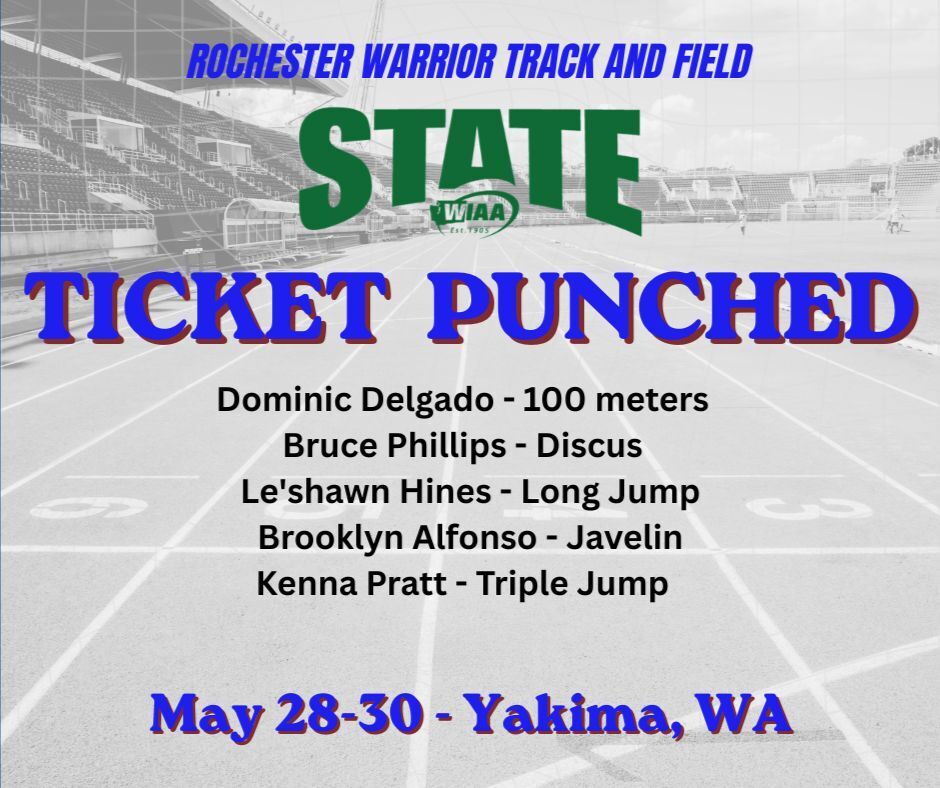 An event flyer displays a blurred sports field background. It lists track events: 100 meters, discus, long jump, javelin, and triple jump.