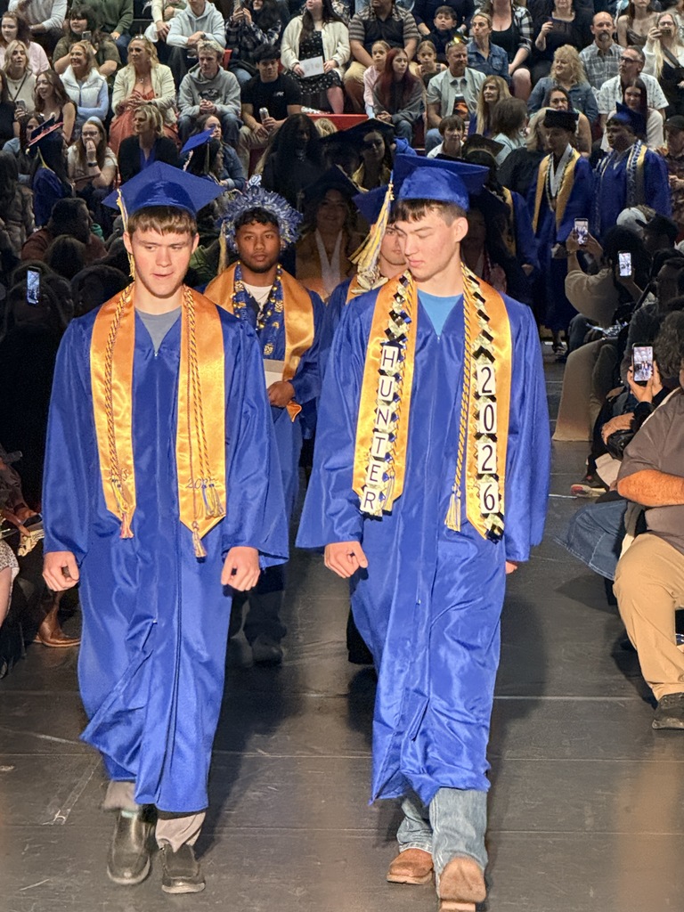 Two students in blue caps and gowns walk in a row, one wearing gold, another with white, amid seated audience.