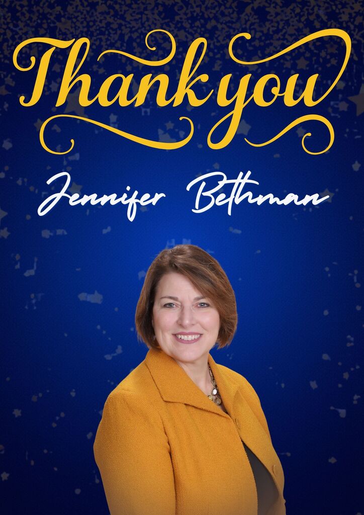 A woman stands smiling in a yellow jacket against a blue background. Text reads "Thank You Jennifer Bethman" in gold cursive.