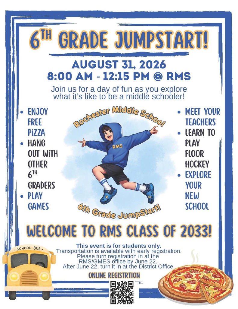 A flyer for a "6th Grade Jumpstart!" event with details about the day. A boy jumps in a hoodie. The flyer includes a pizza, bus, and QR code.