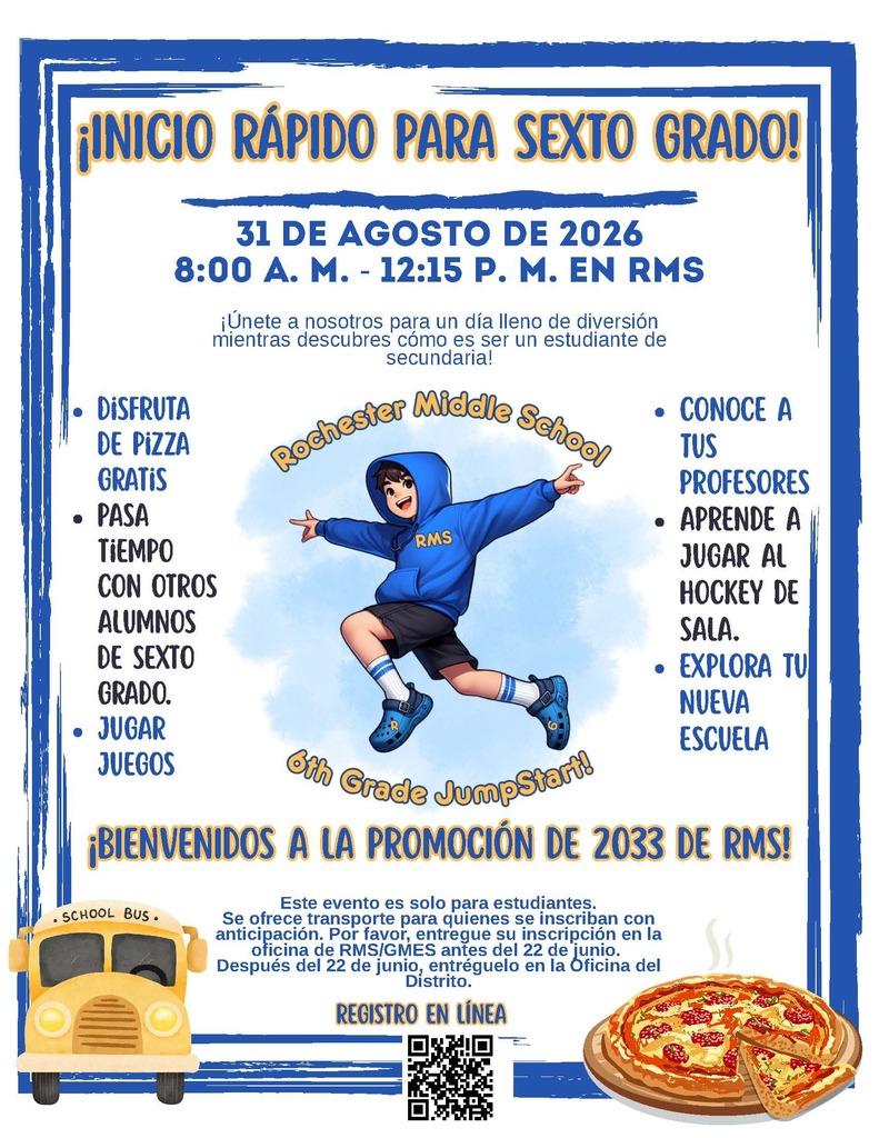 An event poster for Rochester Middle School's JumpStart program. It features a child jumping, text, and a school bus.