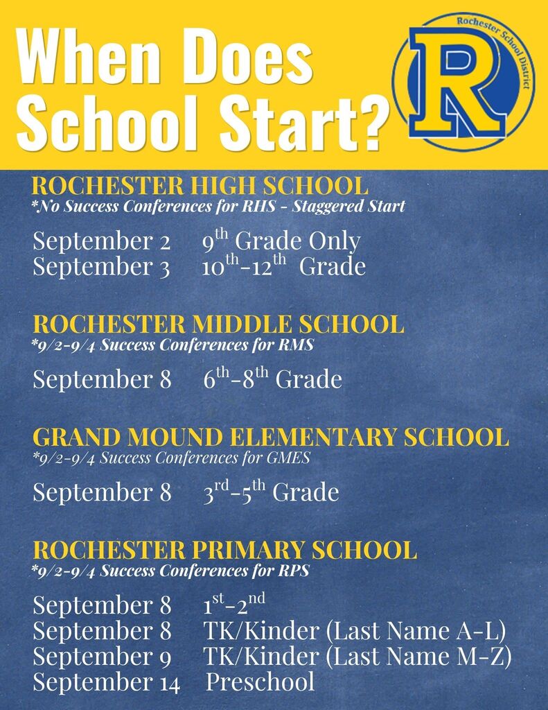 Blue and yellow background with white text. School start dates for Rochester High School, Rochester Middle School, Grand Mound Elementary School, and Rochester Primary School.