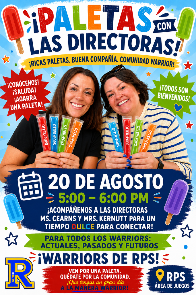 Two smiling women hold popsicles. One wears black, the other stripes. Text reads "¡Paletas con las directoras!" and "20 de agosto 5:00 - 6:00 PM."