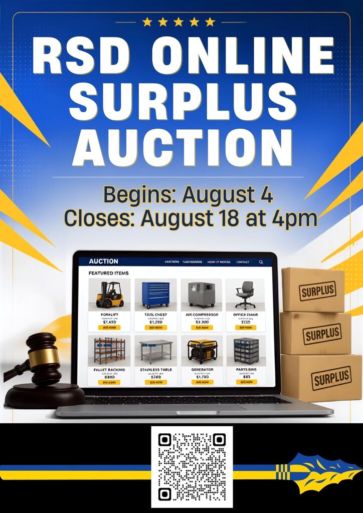 Advertisement for an online auction with blue and yellow background, a laptop, auction items, a gavel, boxes, and a QR code.