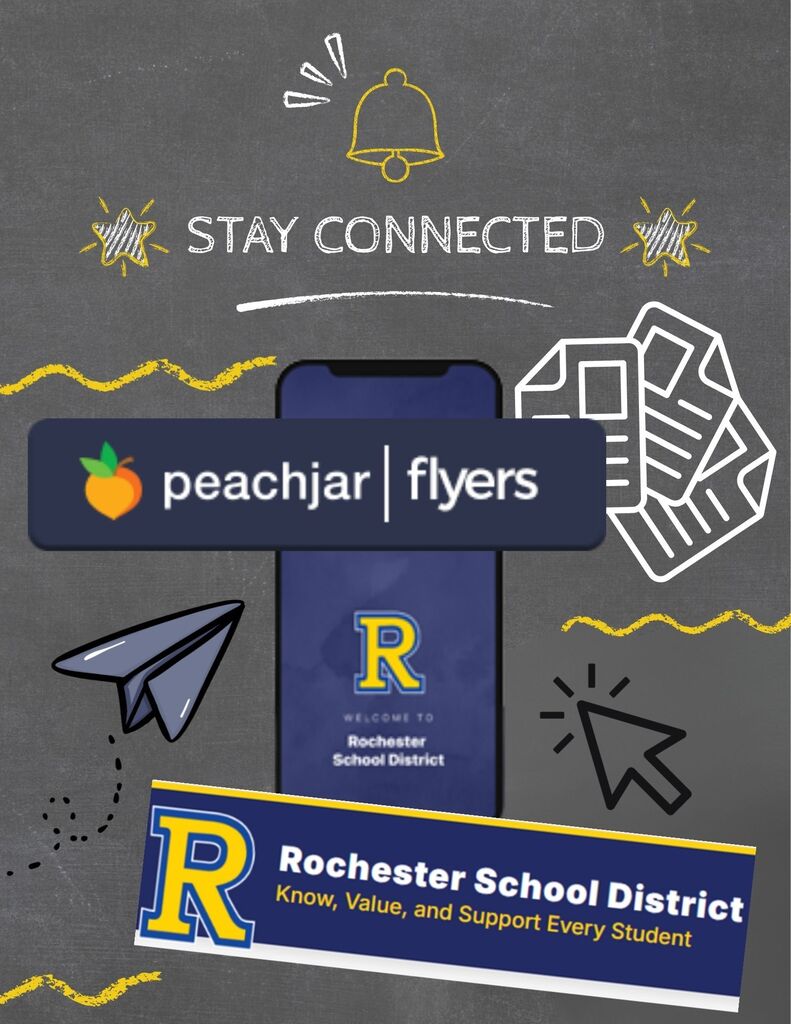 Advertisement with text "Stay Connected" and "Peachjar Flyers" with a phone, bell, folder, and cursor icons.