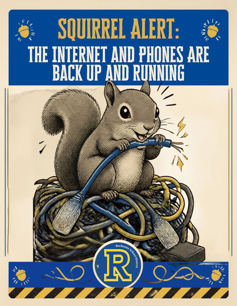 Cartoon squirrel holding a cable bundle, sitting on a pile of wires, with a text overlay reading "Squirrel Alert: The Internet and Phones Are Back Up and Running".