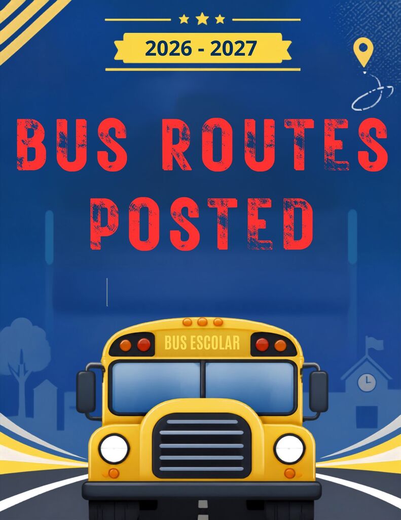 Yellow school bus driving on a road with houses and trees, blue background, and "BUS ROUTES POSTED" text.