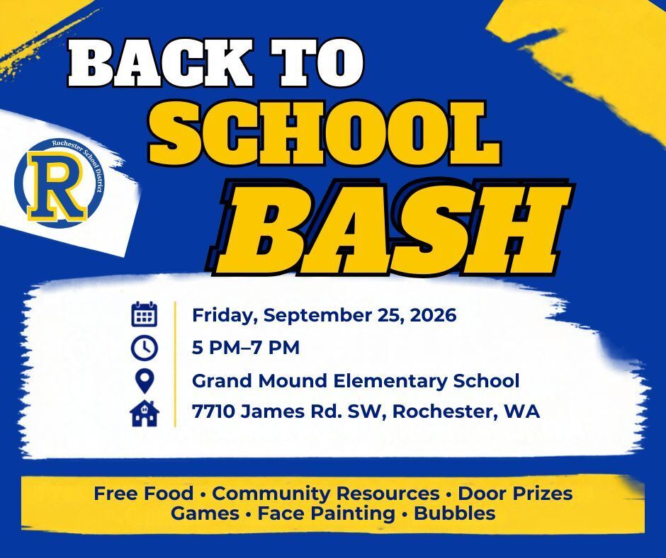 Blue and yellow flyer with bold text "BACK TO SCHOOL BASH". Event details: Date, time, and location. Icons for calendar, map, and home.