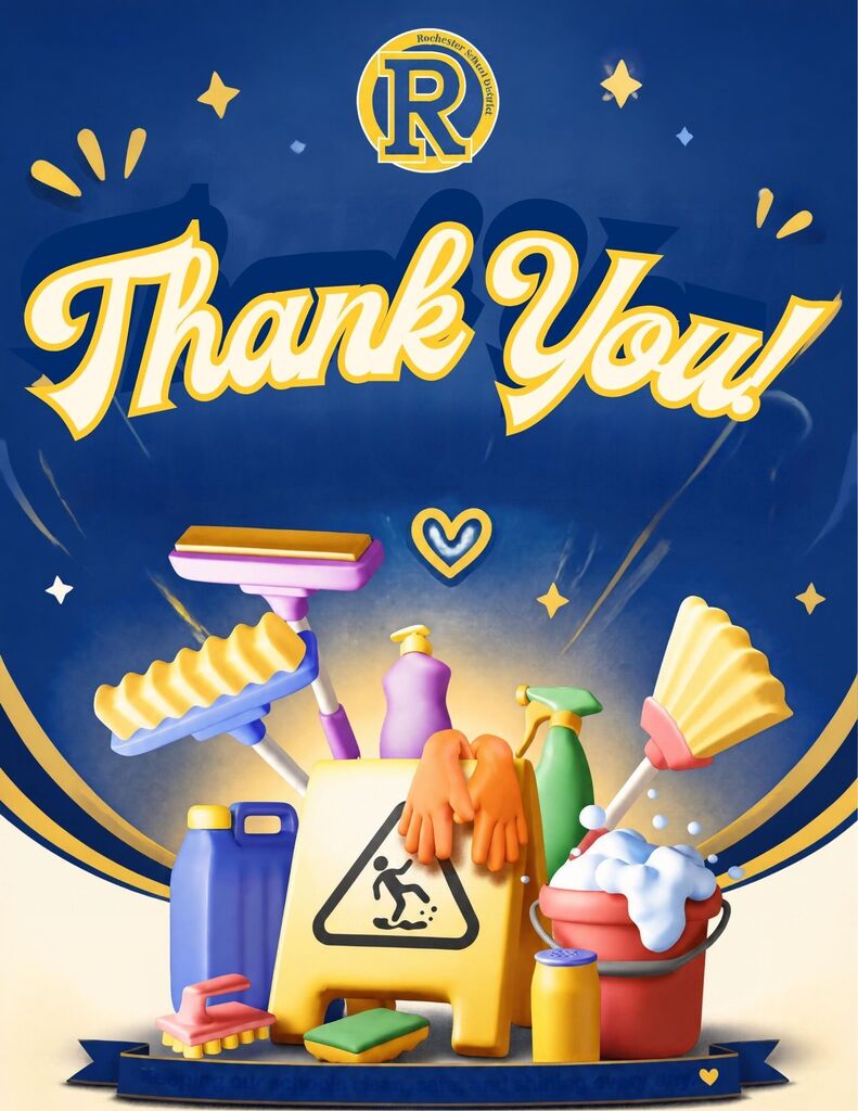 Blue background with "Thank You!" and cleaning tools. Tools include a bucket, bottles, and a warning sign. Bright stars around the border.