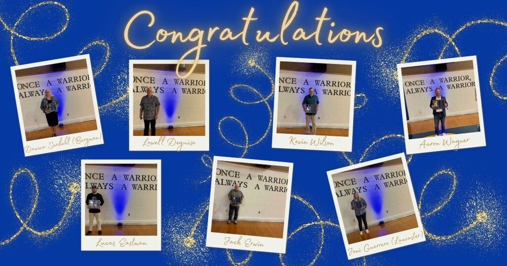 A blue background with "Congratulations" in gold. Collage of photos with students standing in front of a spotlight.