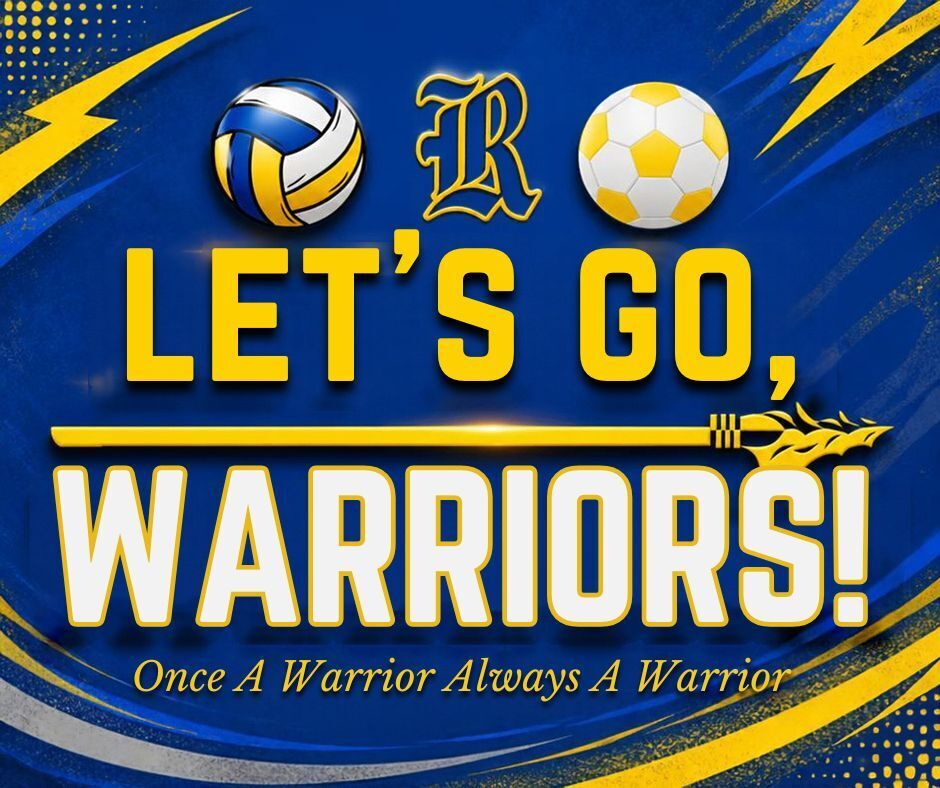 A blue background features a yellow lightning bolt and logo. Two sports balls sit above the words, "Let's Go, Warriors!"