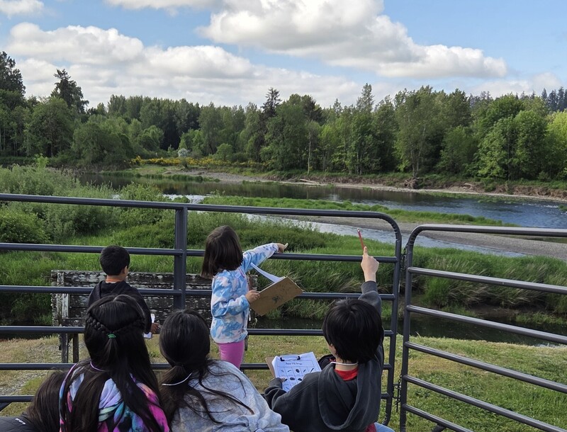 Kids pointing at river.