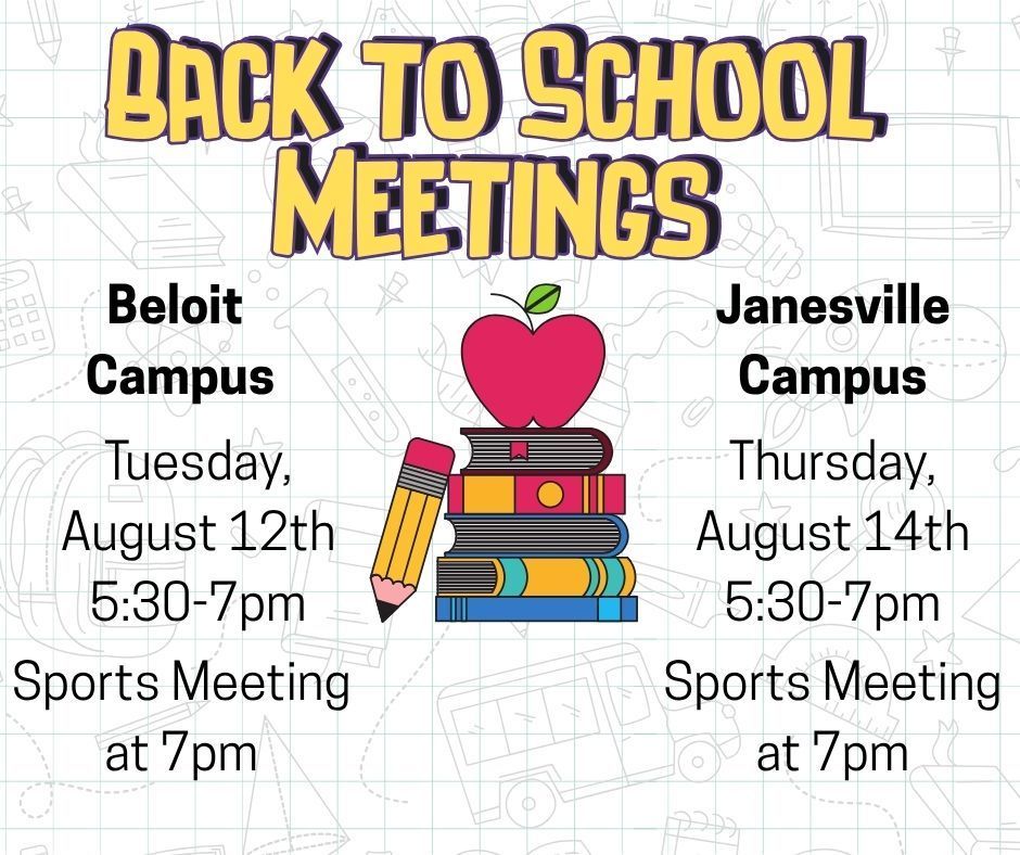 Rock County Christian School Back To School Night information with image of stack of books