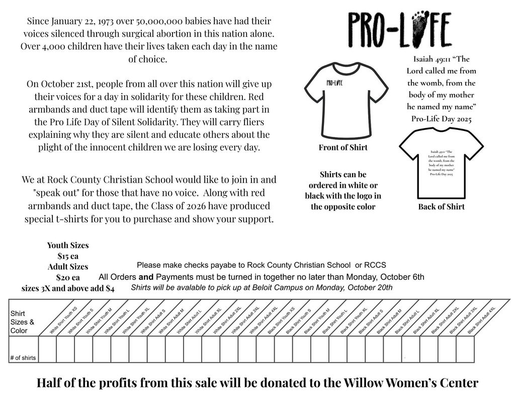 Rock County Christian School Order Form for Pro Life Day