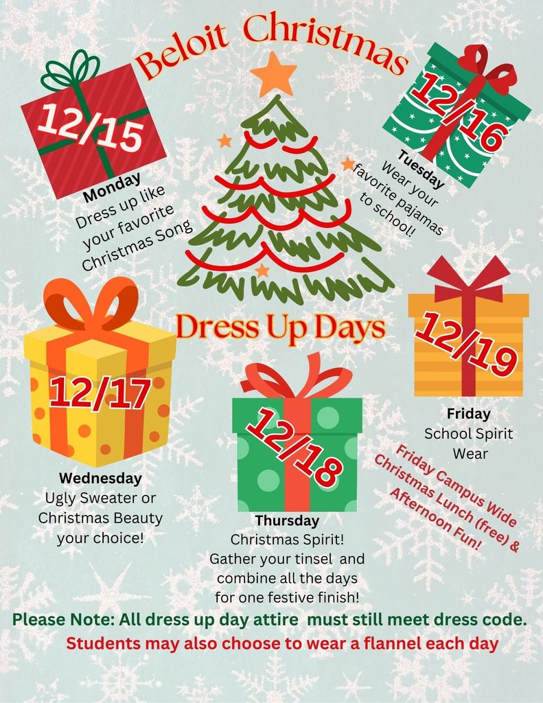 Rock County Christian School Christmas flyer for dress up days