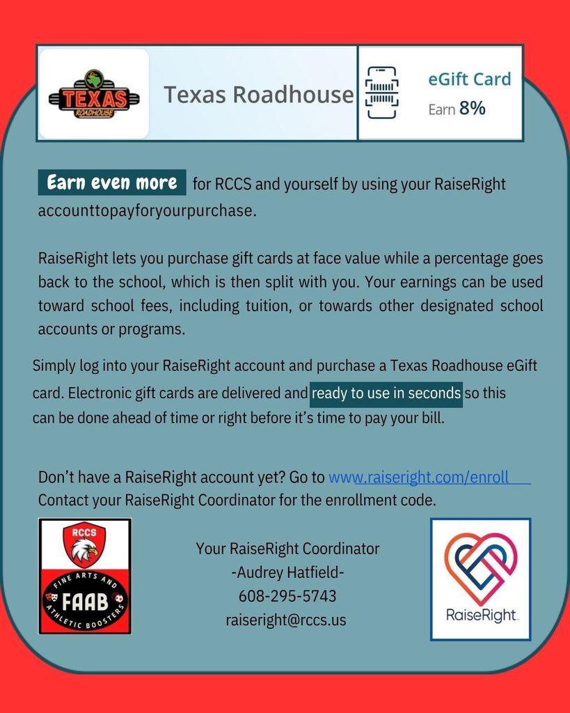 Rock County Christian School Flyer detailing Raise Right Gift Cards 