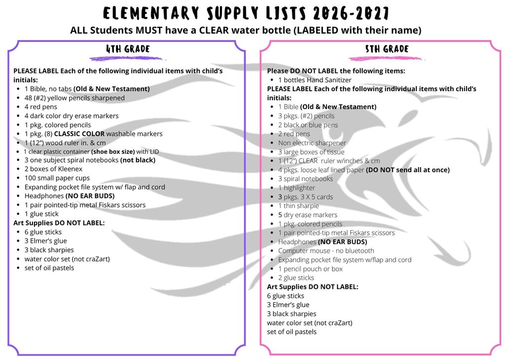 Rock County Christian School Elementary Supply List 2026-2027