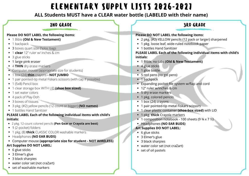Rock County Christian School Elementary Supply List 2026-2027