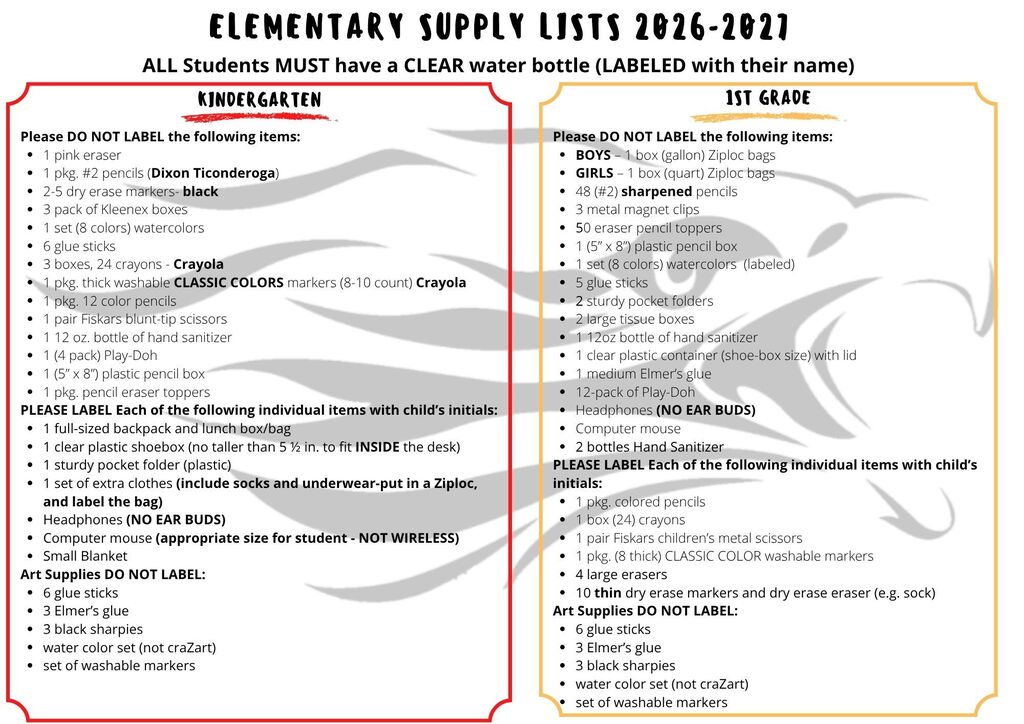 Rock County Christian School Elementary Supply List 2026-2027