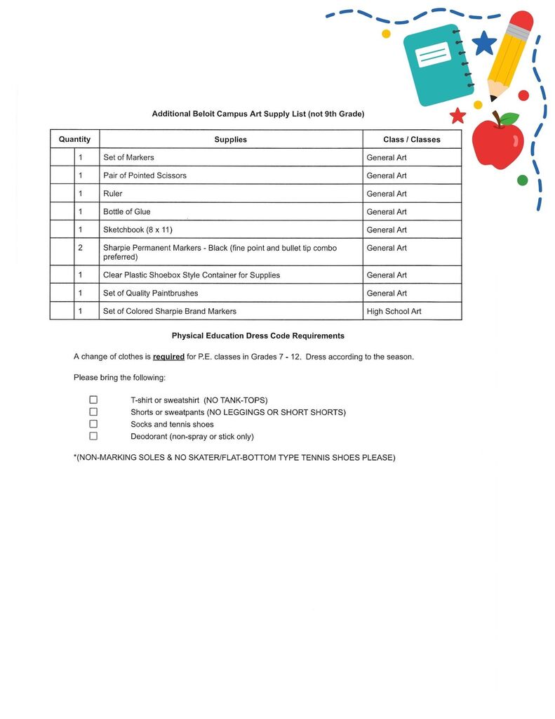 Rock County Christian School Supply Lists