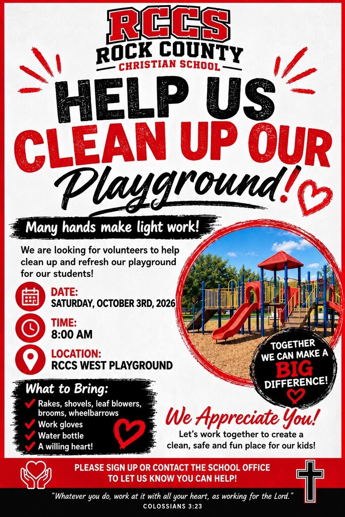 Red black and white flyer with a photo of a playground asking for volunteers to help on  October 3rd