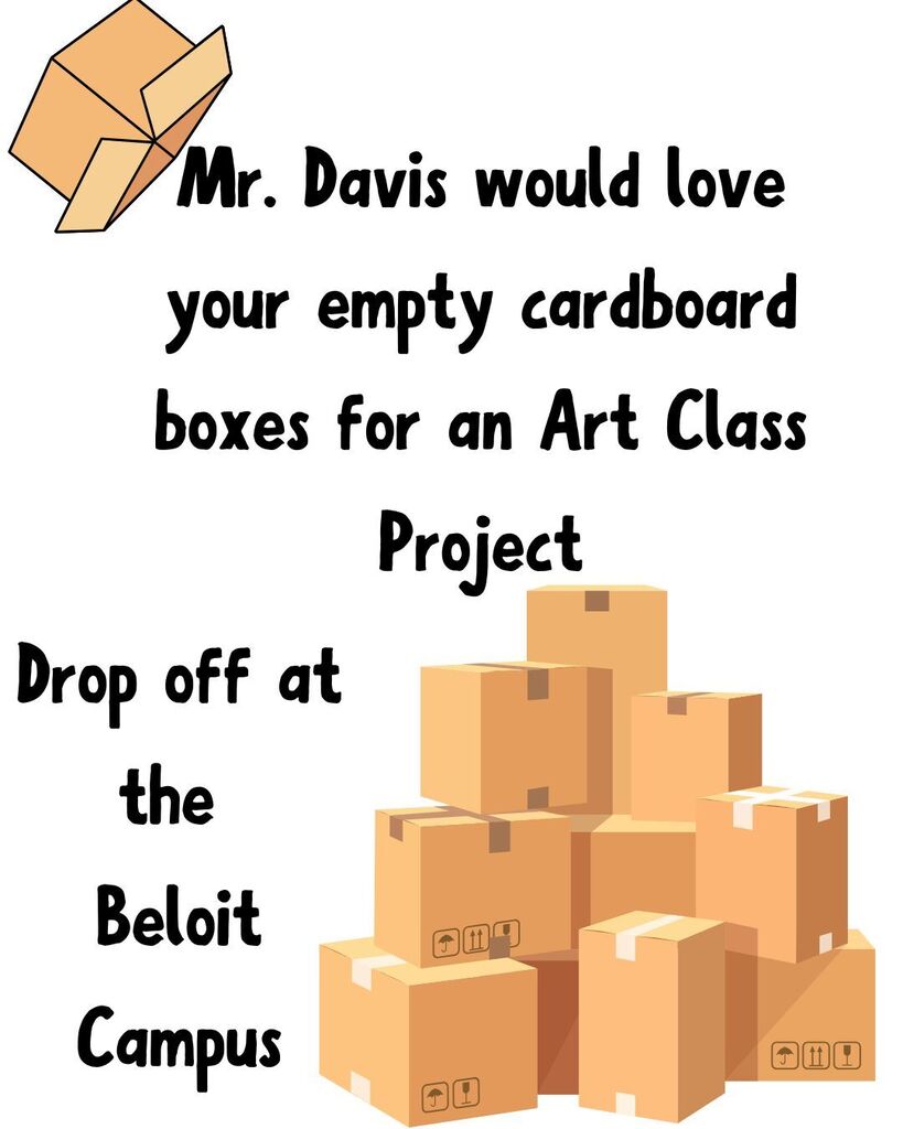 White flyer with cardboard boxes and texts "Mr Davis would love your empty cardboard boxes"