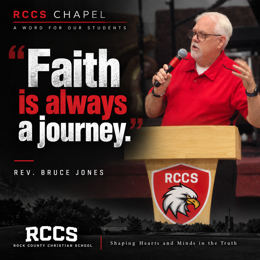 Flyer of white man with gray hair behind a pulpit with the text Faith is always a journey