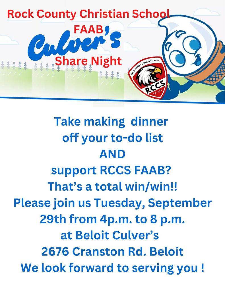 White poster with blue writing inviting you to attend scoopie night at Culvers on September 29th