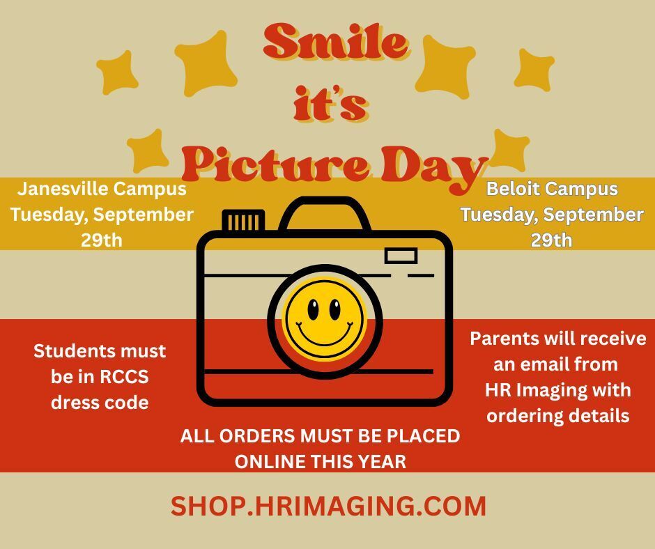 Picture Day announcement with red and yellow flyer