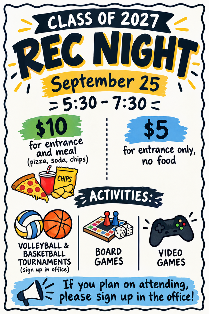 poster in black and white with colors advertising rec night for the jr senior high school students