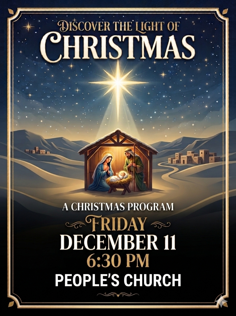 Christmas poster with a stable in the foreground with a star